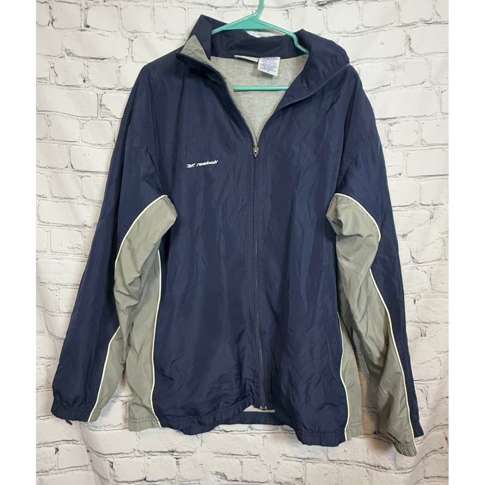 Reebok Mens Full Zip Windbreaker Jacket Navy Gray White Size M‎